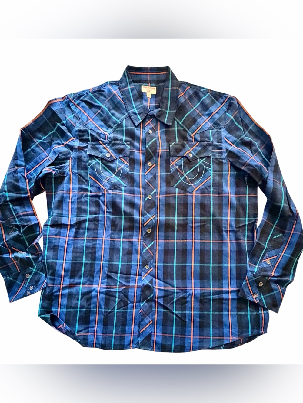 True Religion Blue Plaid Western Flannel Button Up Size Men’s 3XL